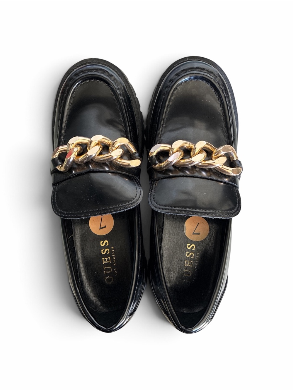 GUESS Black Patent Loafers with Gold Chain Accent